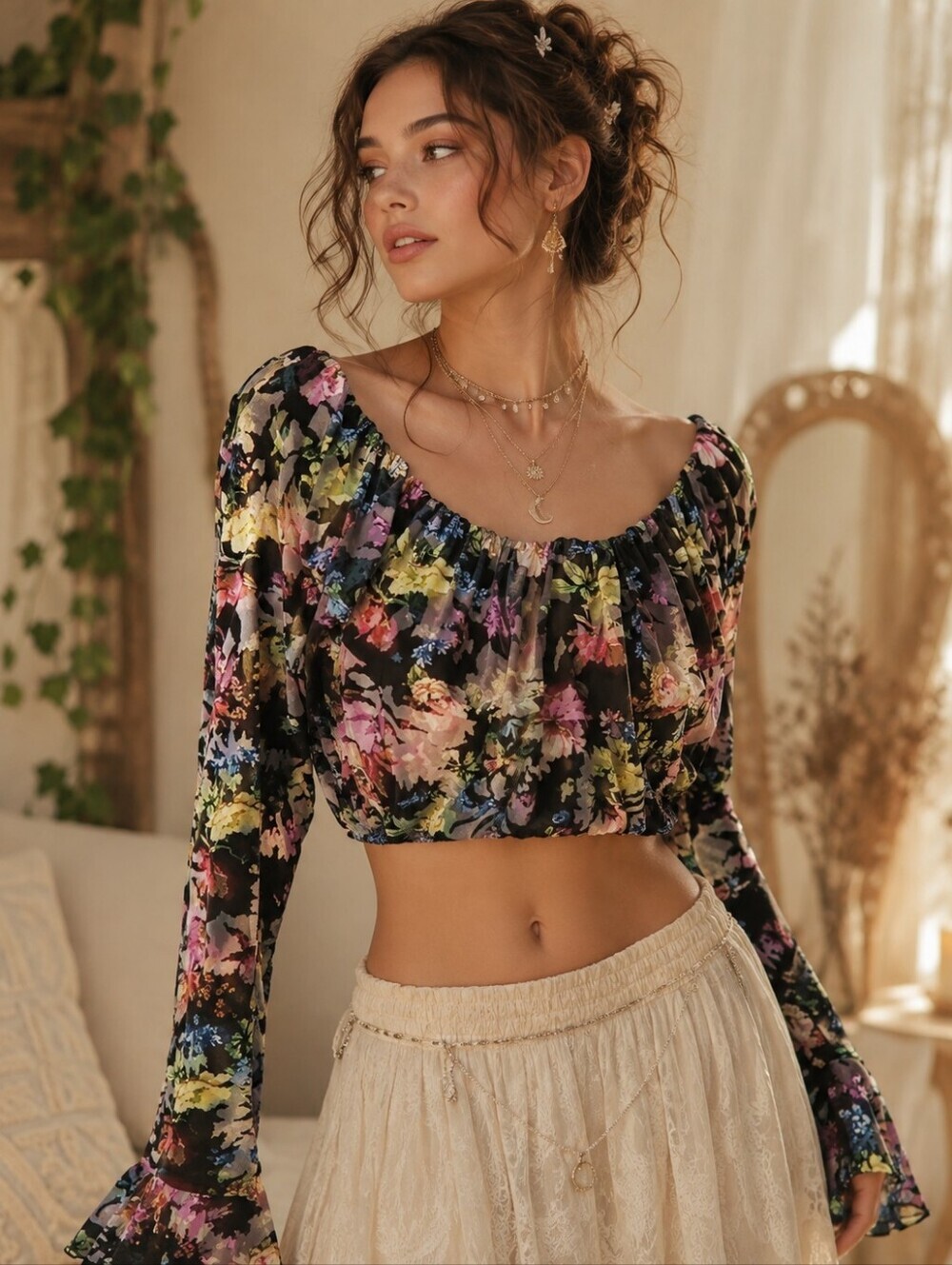 VINTAGE WATERCOLOR VELVETEEN CROP TOP SZ S M 6 8